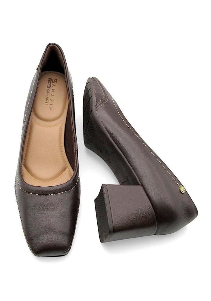 Sapato Scarpin Ramarim Café em Couro Salto Bloco 2668101 Total Comfort Café 4