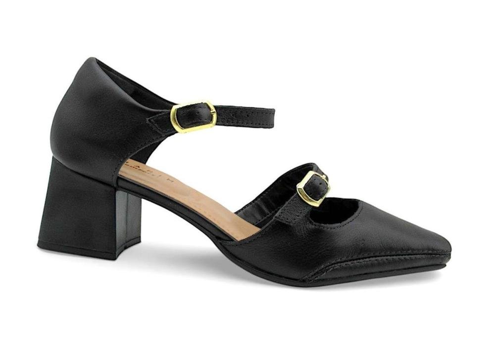 Sapato Scarpin Boneca em Couro Preto Ramarim Salto Bloco 2668135