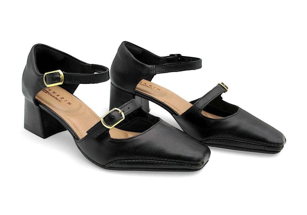 Sapato Scarpin Boneca em Couro Preto Ramarim Salto Bloco 2668135 Preto 2