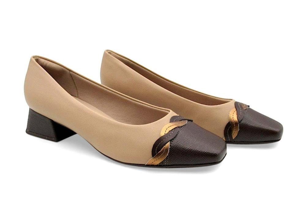 Sapato Scarpin Piccadilly Salto Bloco Baixo Bico Quadrado 160115 Bege 2