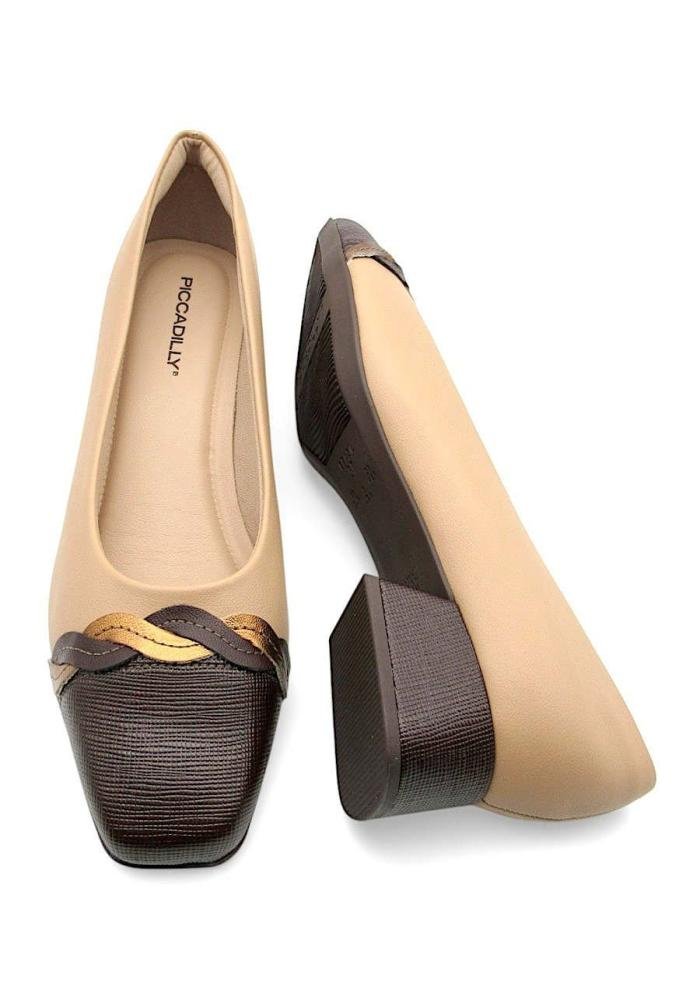 Sapato Scarpin Piccadilly Salto Bloco Baixo Bico Quadrado 160115 Bege 4