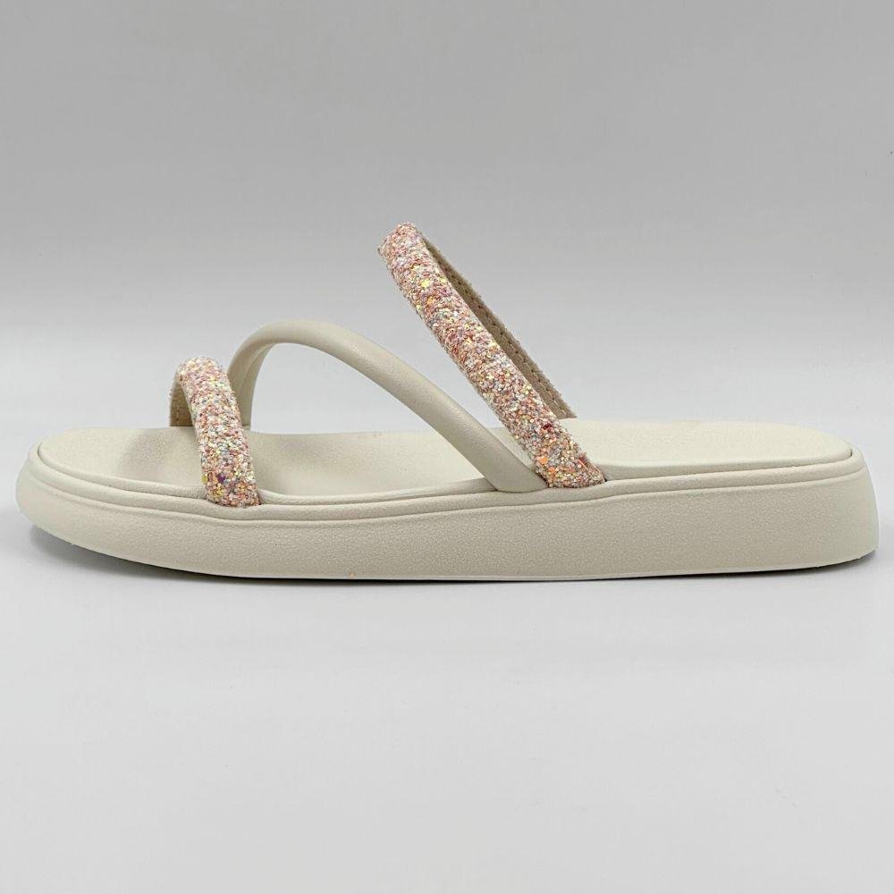 Sandália Moleca Papete Slide Tiras em Glitter Feminina Branco 1