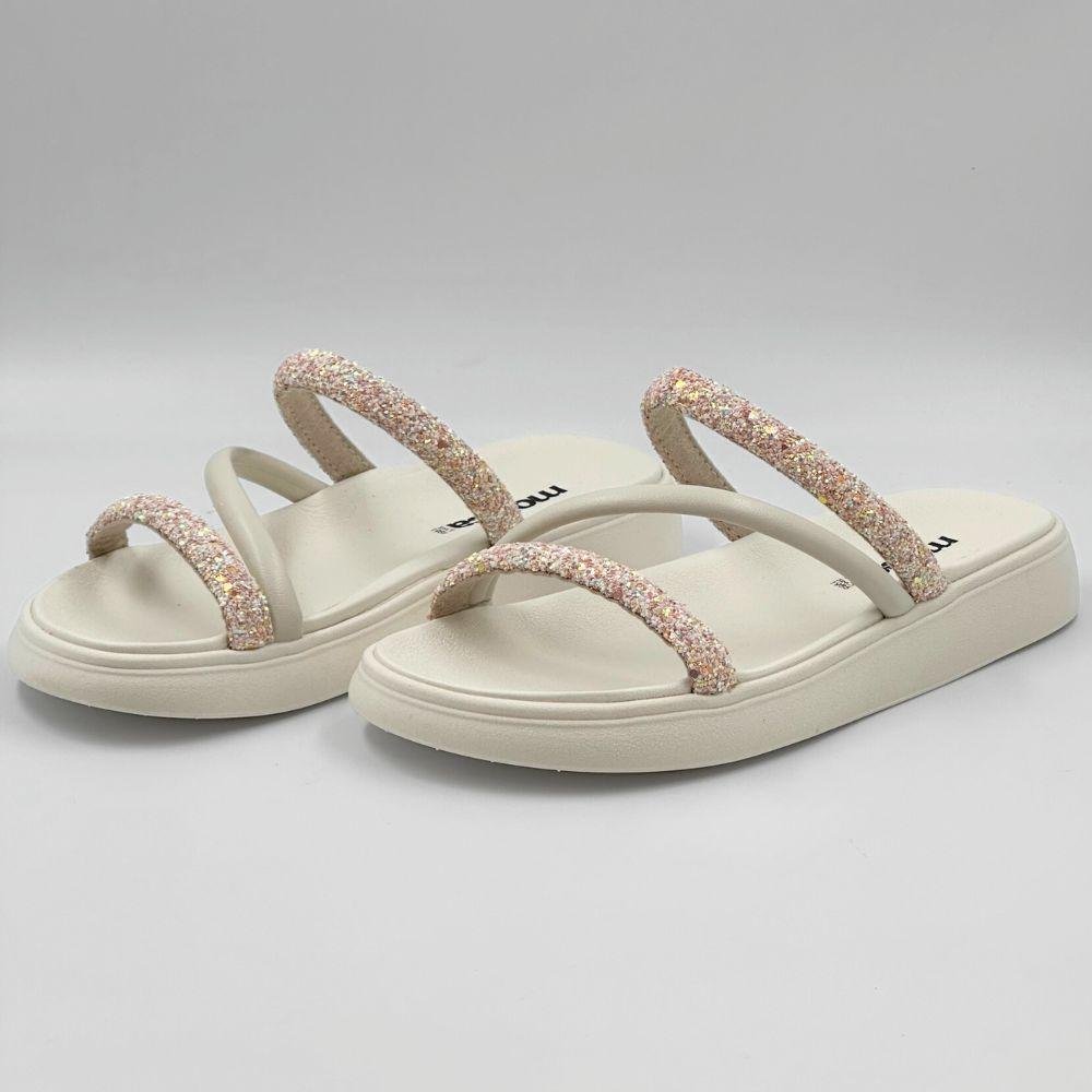 Sandália Moleca Papete Slide Tiras em Glitter Feminina Branco 2
