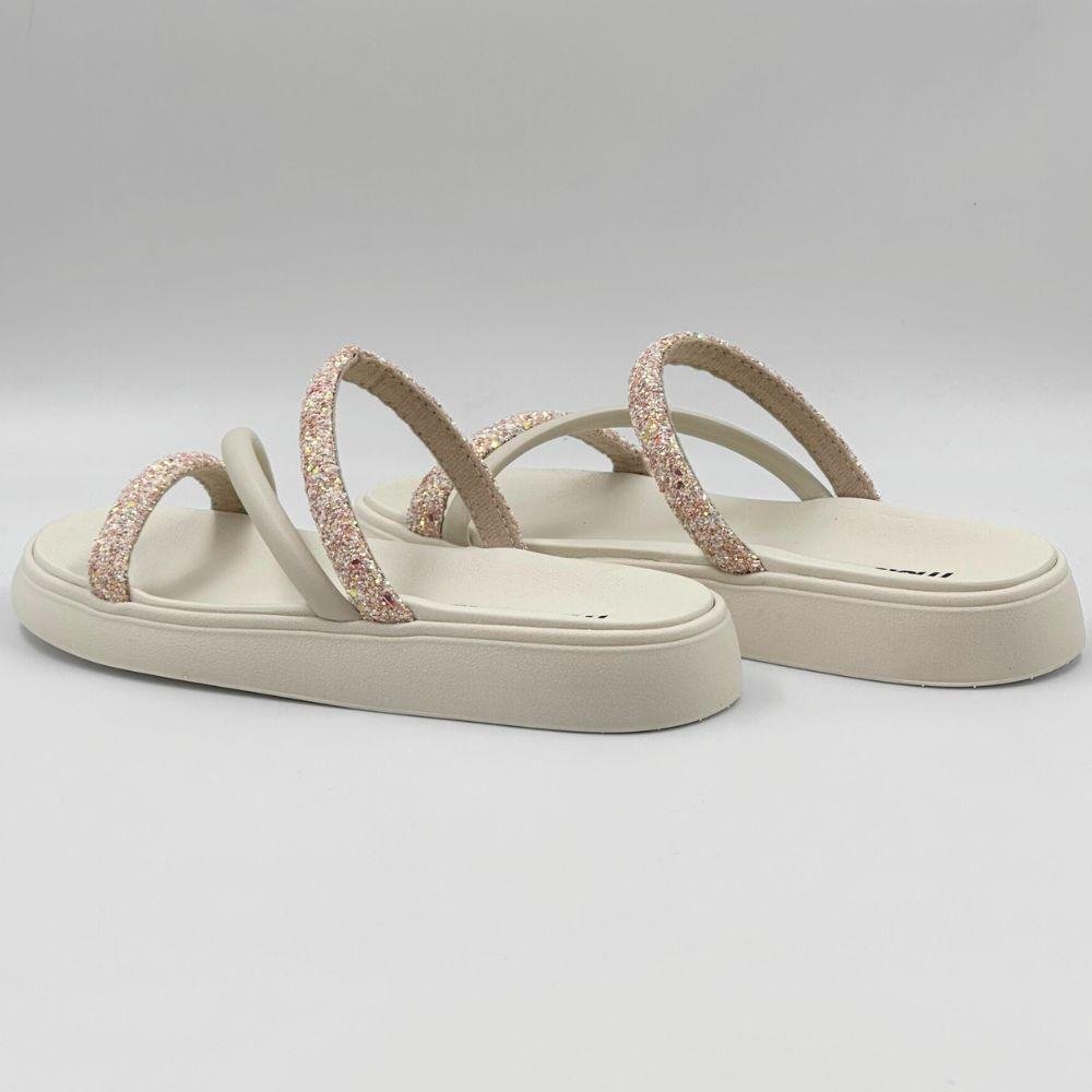 Sandália Moleca Papete Slide Tiras em Glitter Feminina Branco 3