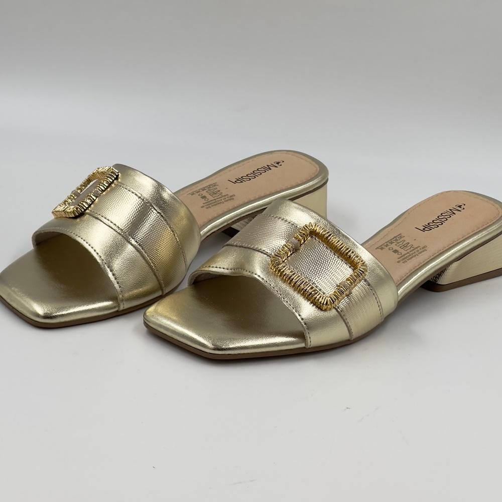 Tamanco Mississipi Casual Slide Salto Baixo Feminino Dourado 2