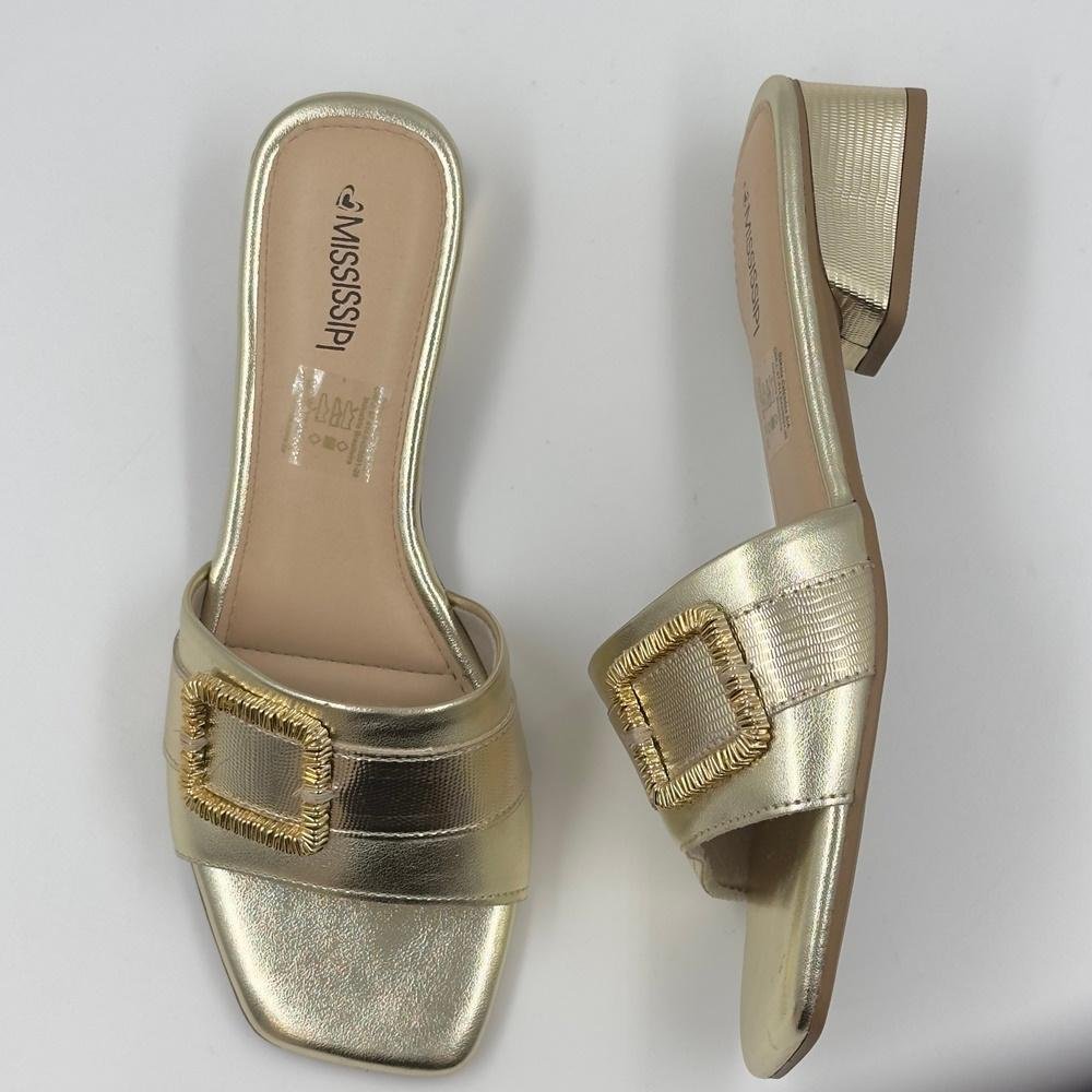 Tamanco Mississipi Casual Slide Salto Baixo Feminino Dourado 5