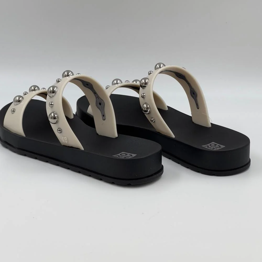 Tamanco Zaxy Rasteiro Tira Larga com Aplicações Rise Feminino Branco/Preto 4