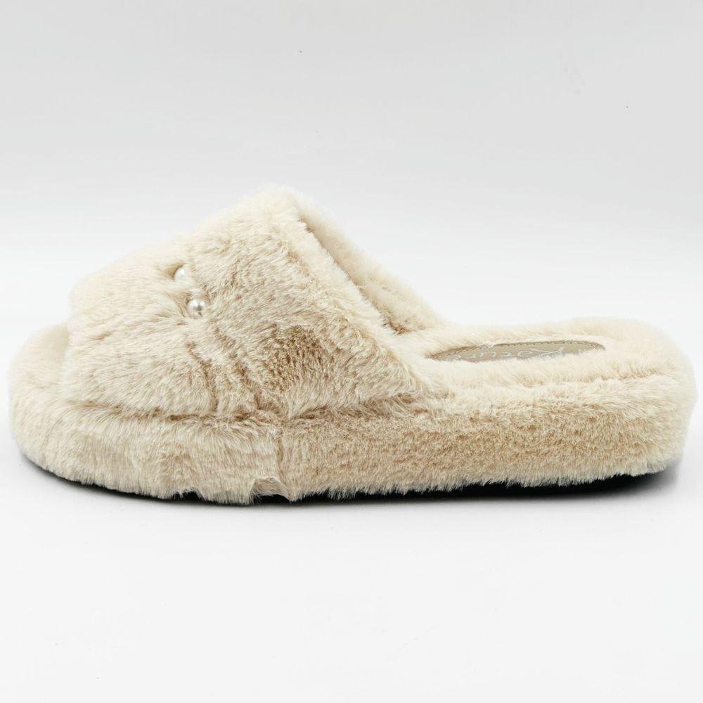 Pantufa Katurê Slide Flatform Slide em Fleece com Pérolas Feminina