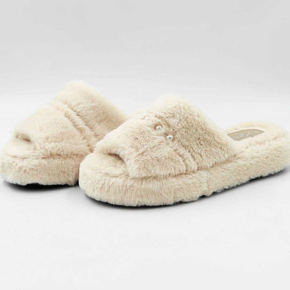 Pantufa Katurê Slide Flatform Slide em Fleece com Pérolas Feminina Marfim 2