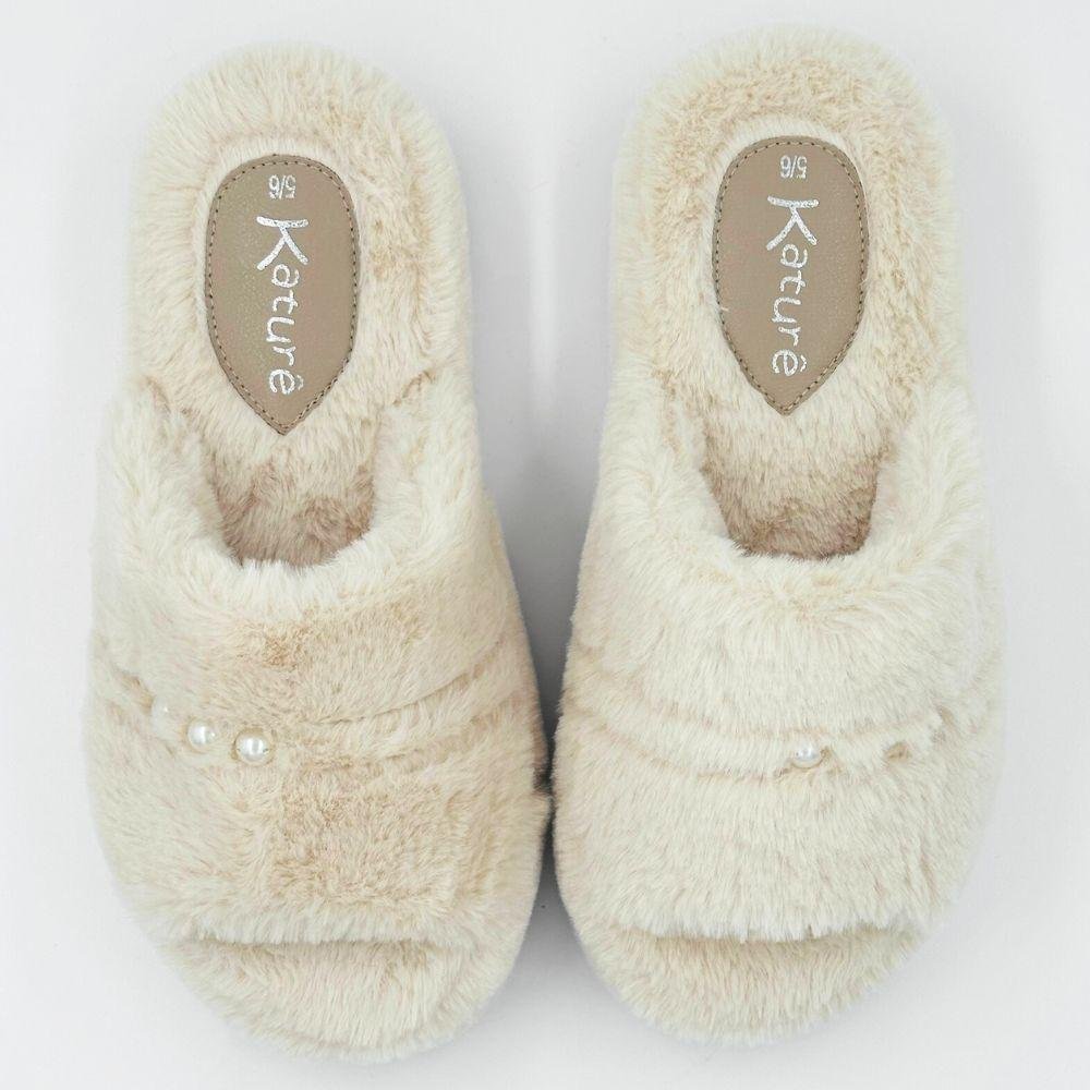 Pantufa Katurê Slide Flatform Slide em Fleece com Pérolas Feminina Marfim 4