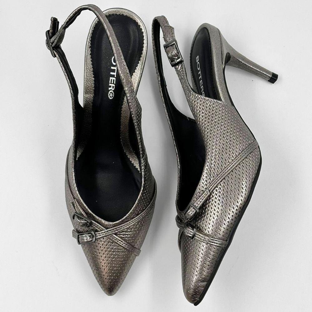 Sapato Bottero Slingback Metalizado Salto Médio Feminino Aço Roma 5