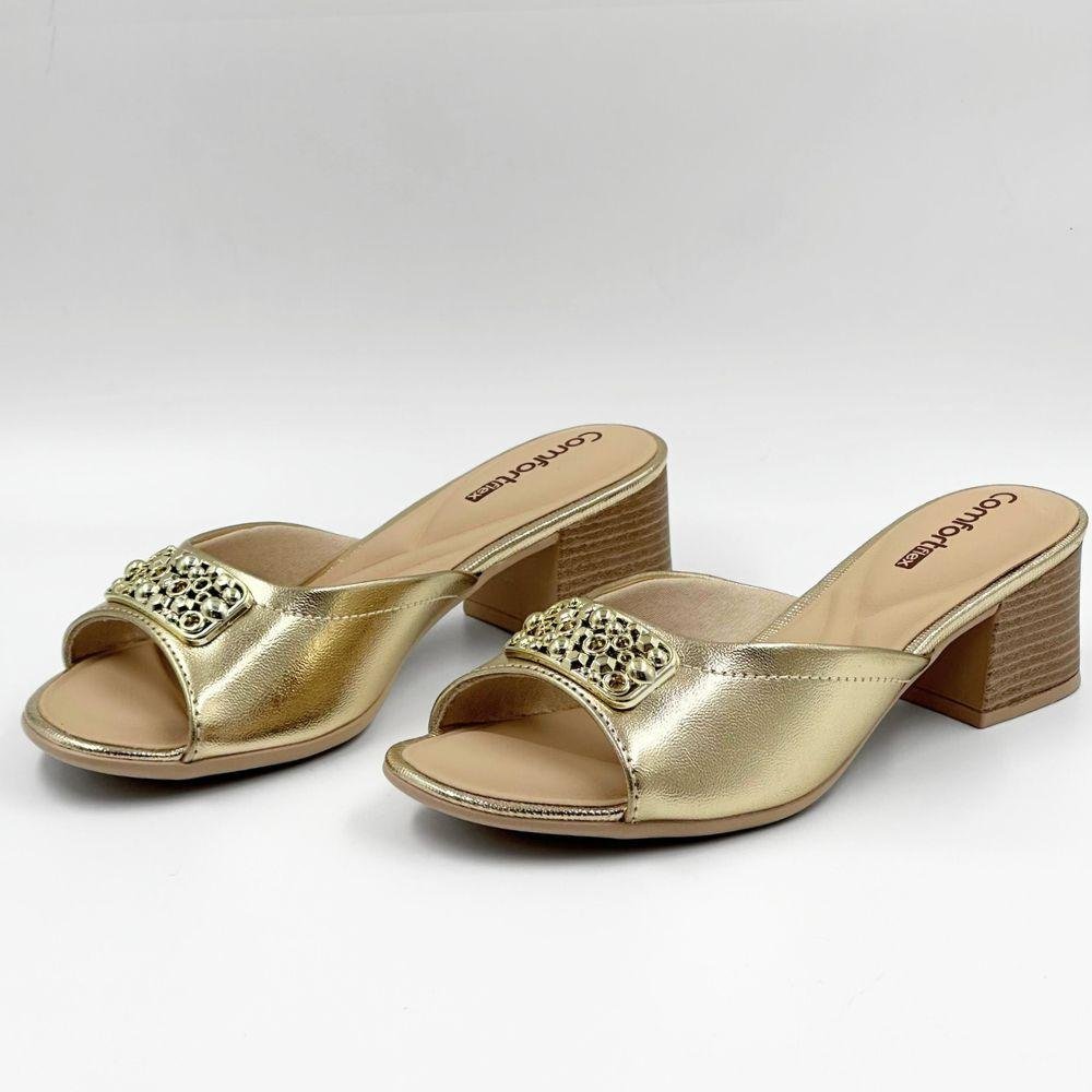 Tamanco Comfortflex Metalizado Salto Médio Feminino Ouro 2