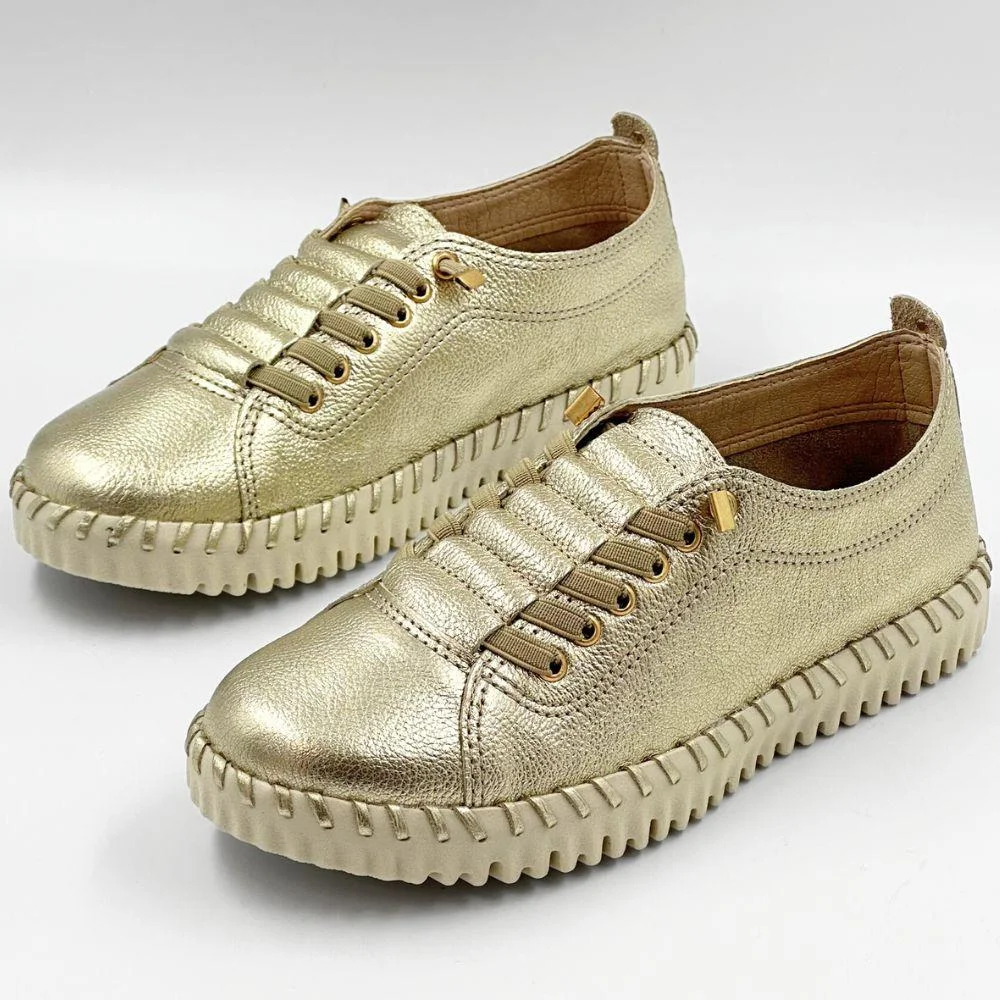 Tênis Bottero Casual Metalizado com Cadarço Elástico Feminino Dourado 2