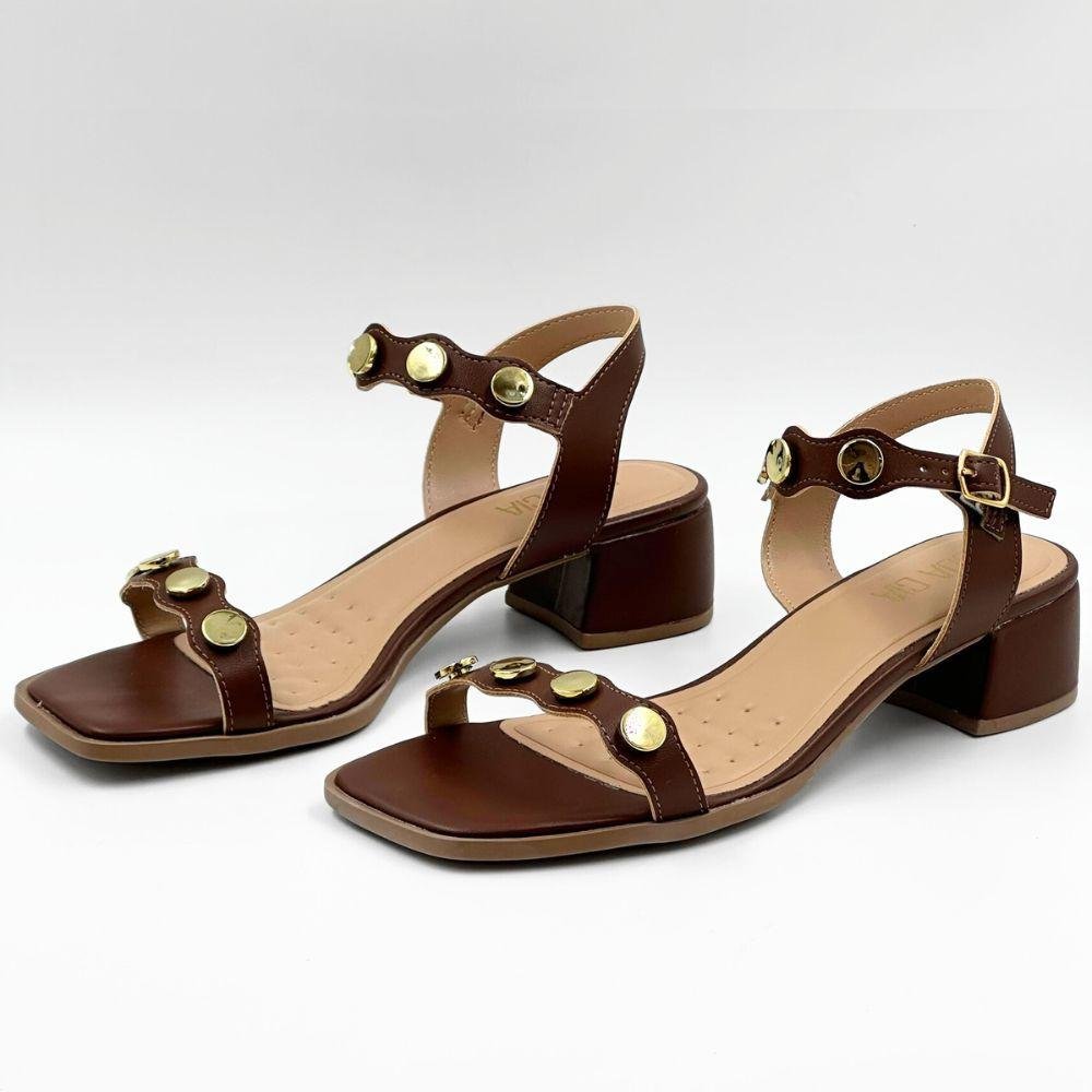 Sandália Sua Cia Casual com Aplicações Salto Bloco Feminina Marrom 2