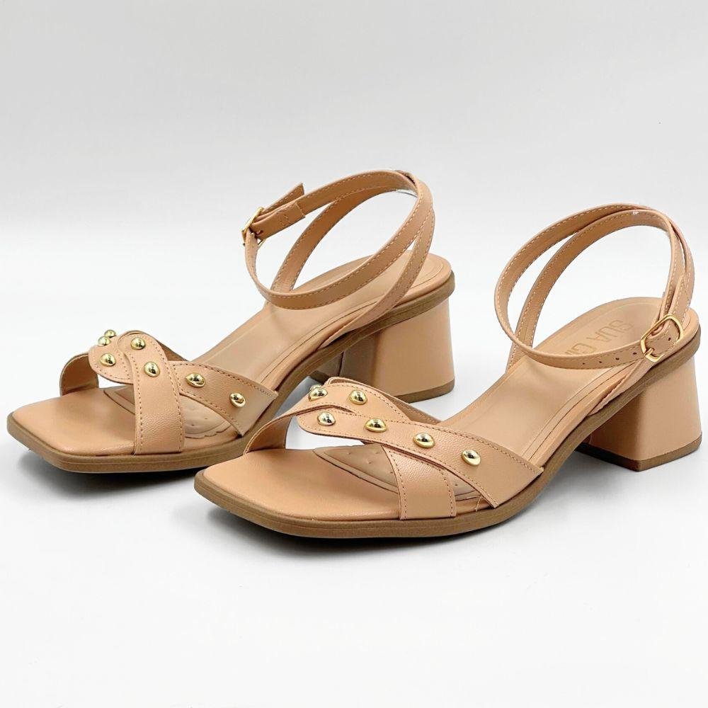 Sandália Sua Cia com Aplicações Casual Salto Bloco Feminina Natural 2