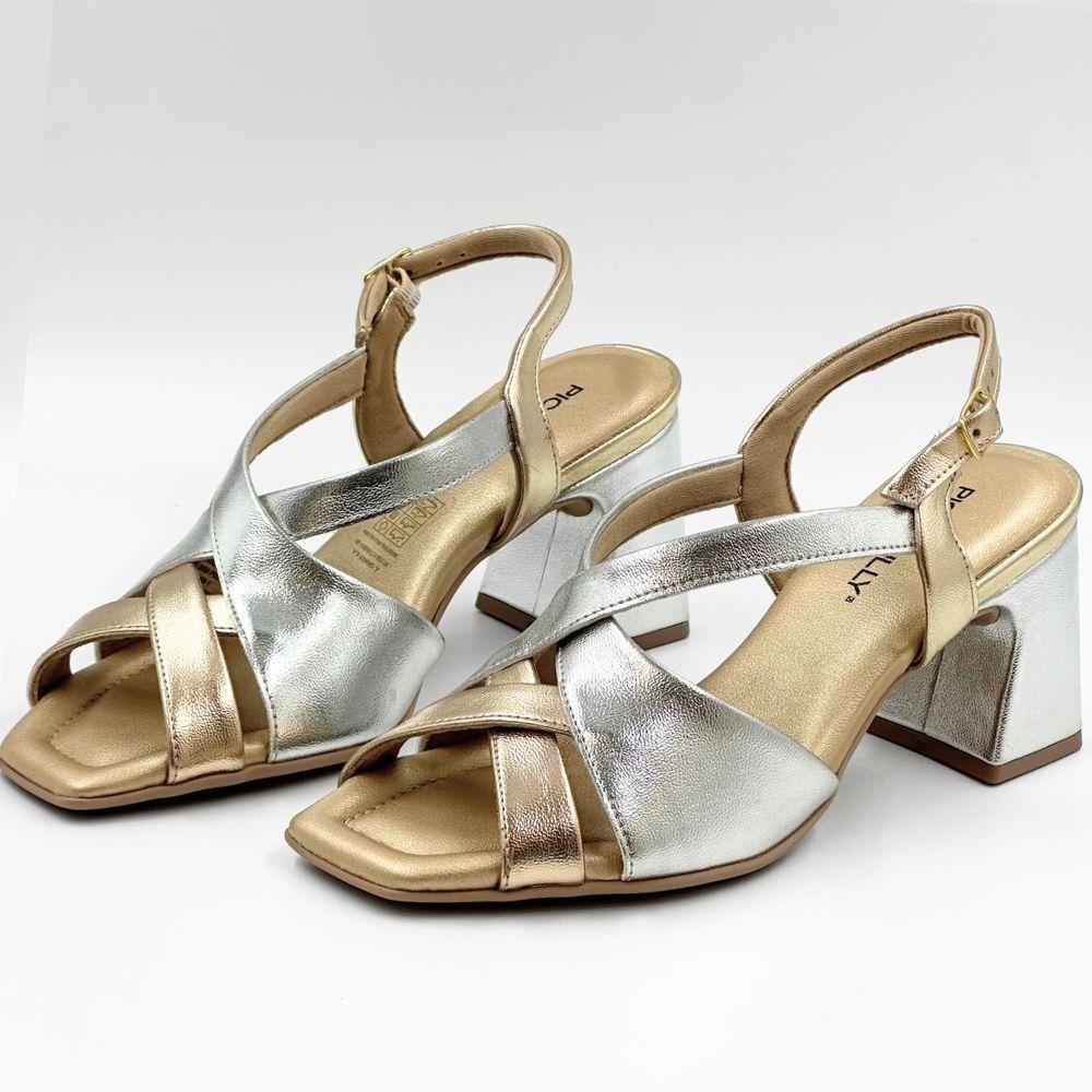 Sandália Piccadilly Casual Metalizada Salto Bloco Feminina Prata/Ouro 2