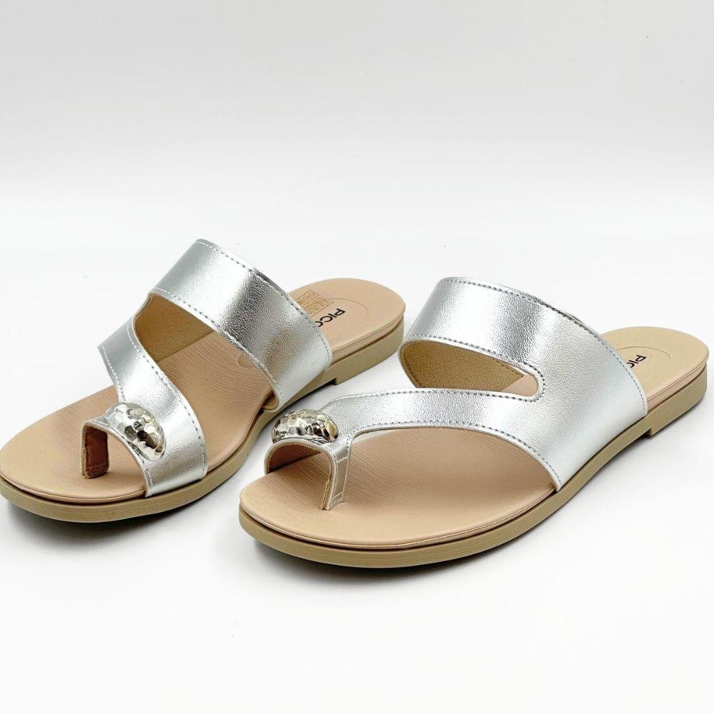 Tamanco Piccadilly Rasteira Metalizado Casual Feminino Prata/Marfim 2