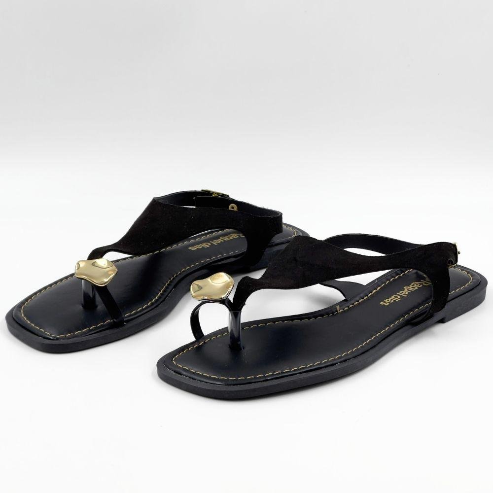 Sandália Raquel Dias Rasteira com Metalizado Feminina Preto 2