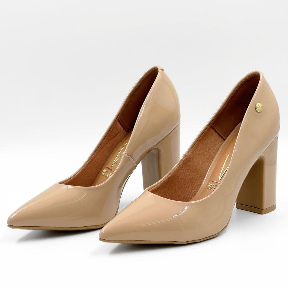 Sapato Vizzano Salto Alto Bico Fino em Verniz Feminino Bege 2