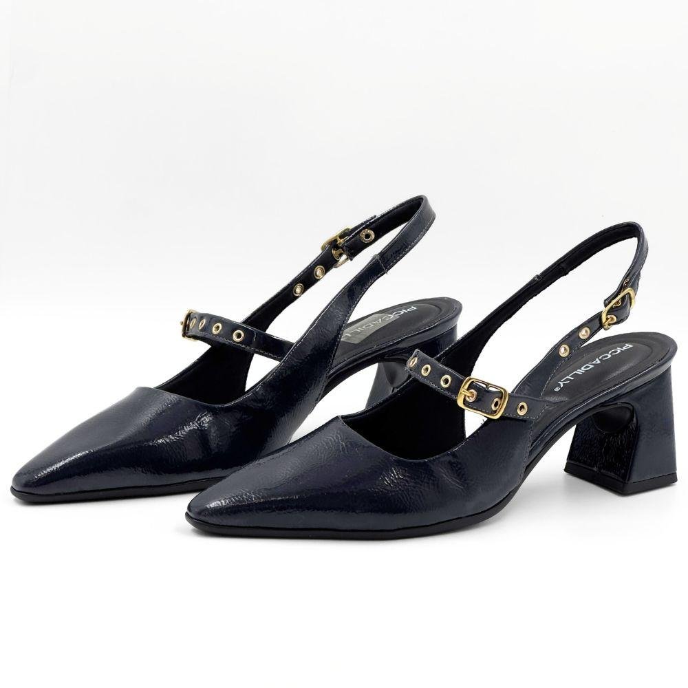 Sapato Piccadilly Slingback em Verniz Salto Bloco Feminino Marinho 2