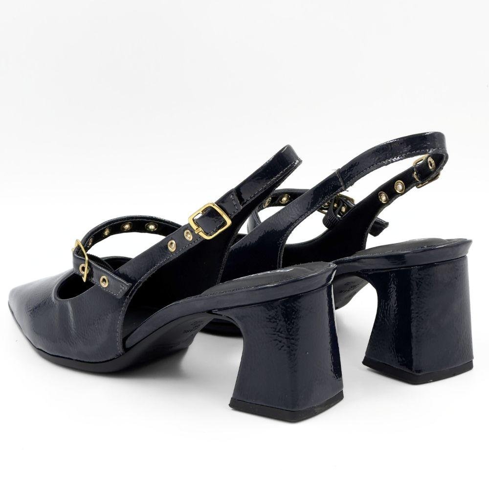 Sapato Piccadilly Slingback em Verniz Salto Bloco Feminino Marinho 3