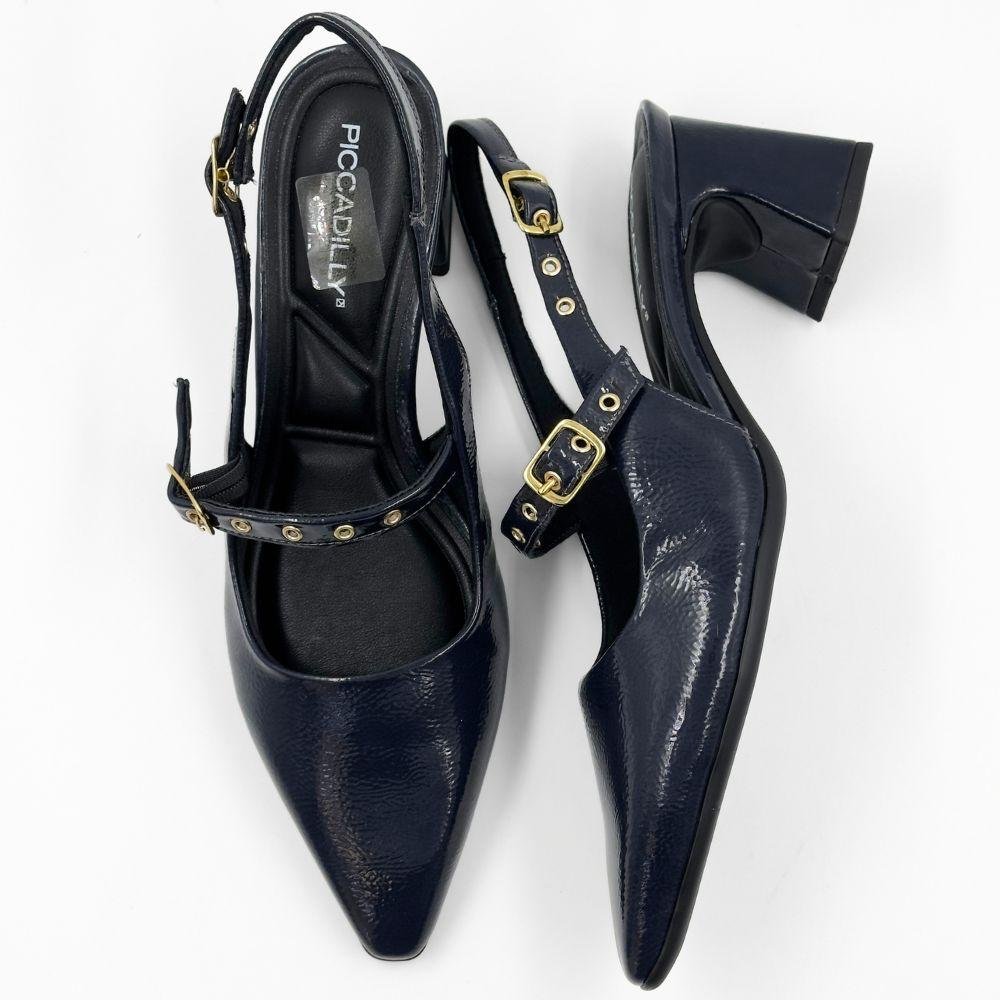 Sapato Piccadilly Slingback em Verniz Salto Bloco Feminino Marinho 4