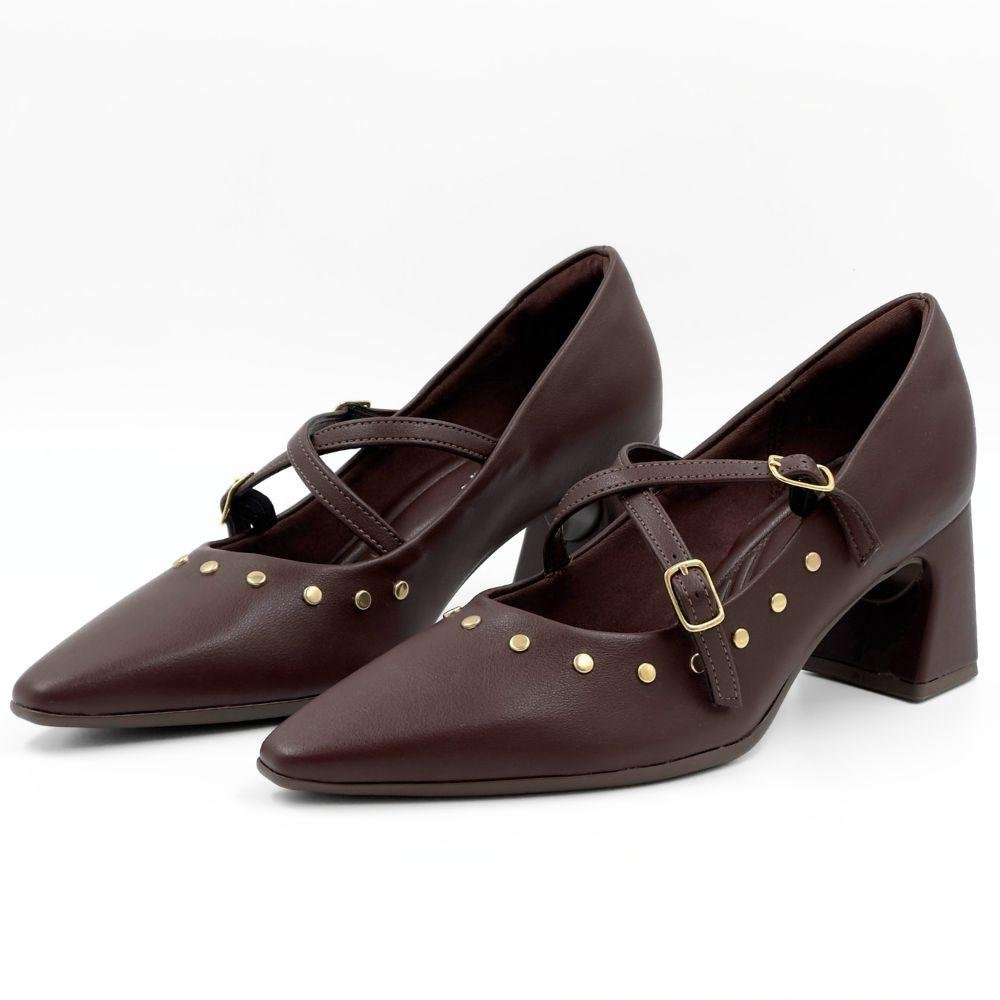 Sapato Piccadilly Boneca Bico Fino Salto Alto com Fivela Feminino Marrom 2