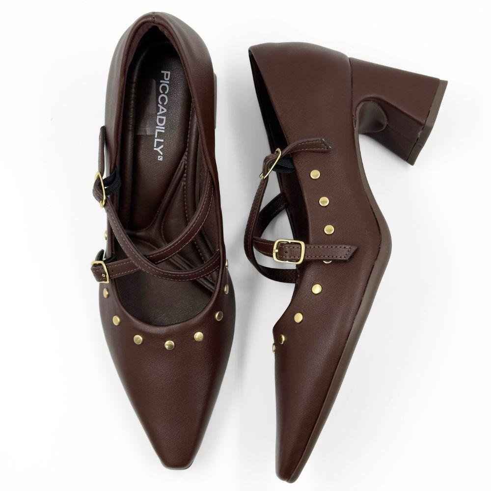 Sapato Piccadilly Boneca Bico Fino Salto Alto com Fivela Feminino Marrom 3