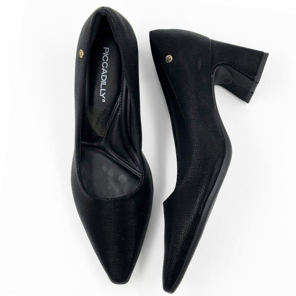 Sapato Piccadilly Scarpin Bico Fino Salto Bloco Feminino Preto 4