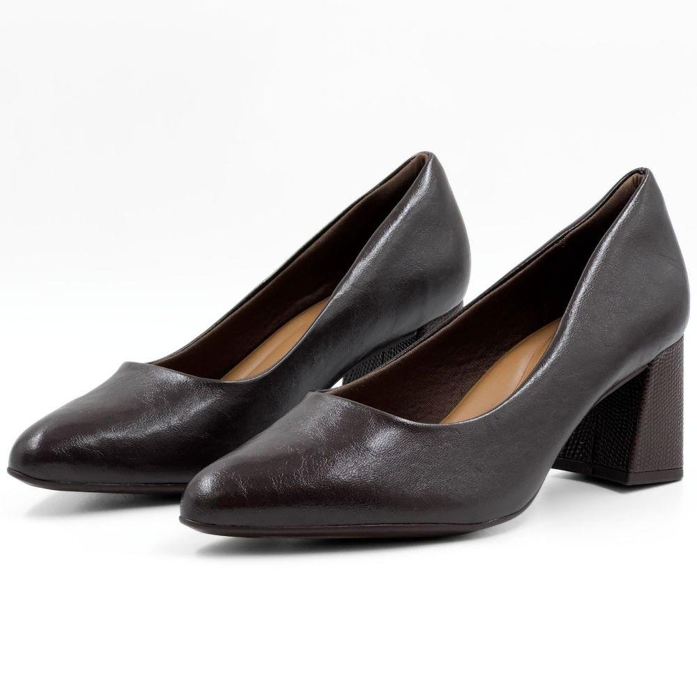 Sapato Comfortflex Bico Fino Salto Bloco Feminino Marrom 2