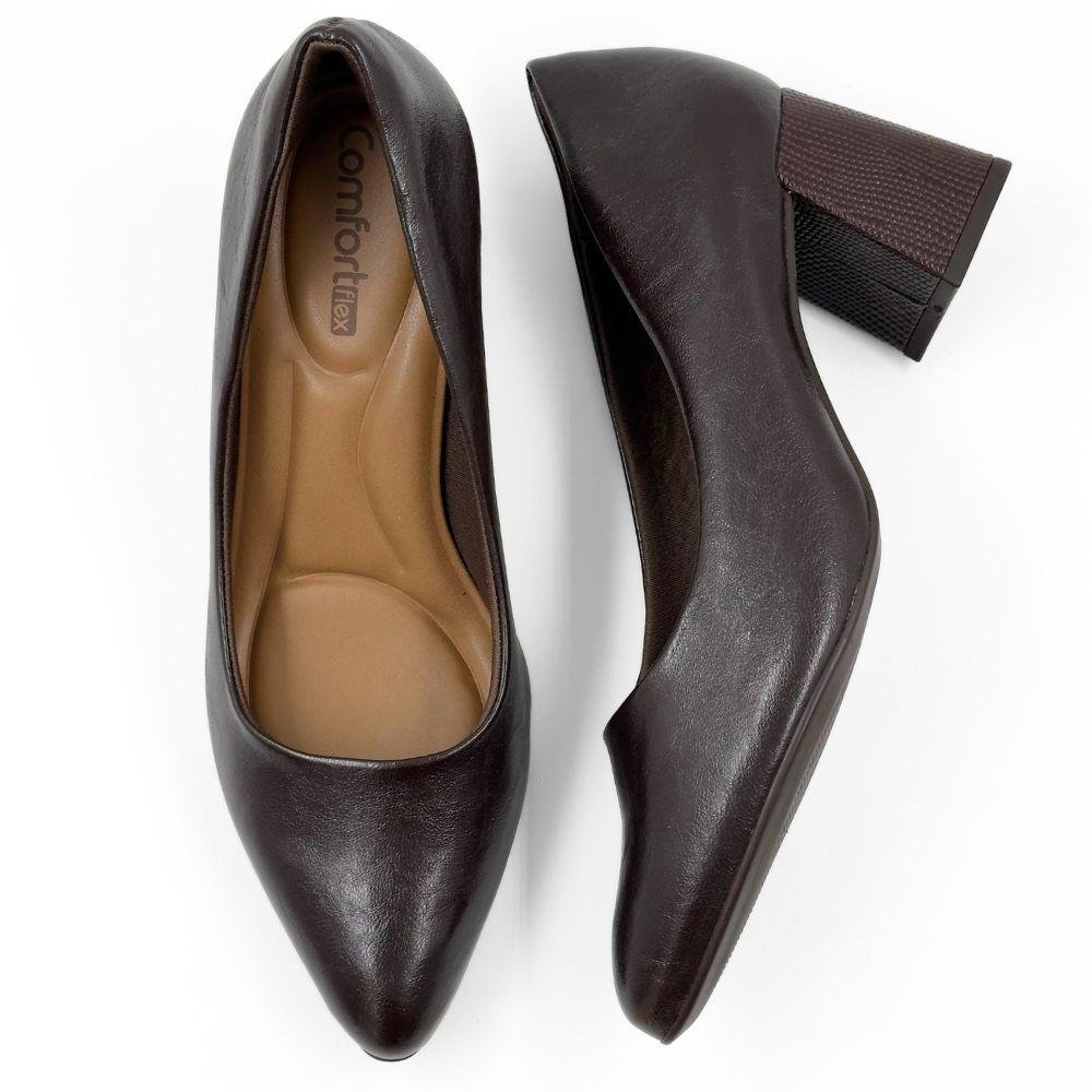 Sapato Comfortflex Bico Fino Salto Bloco Feminino Marrom 4