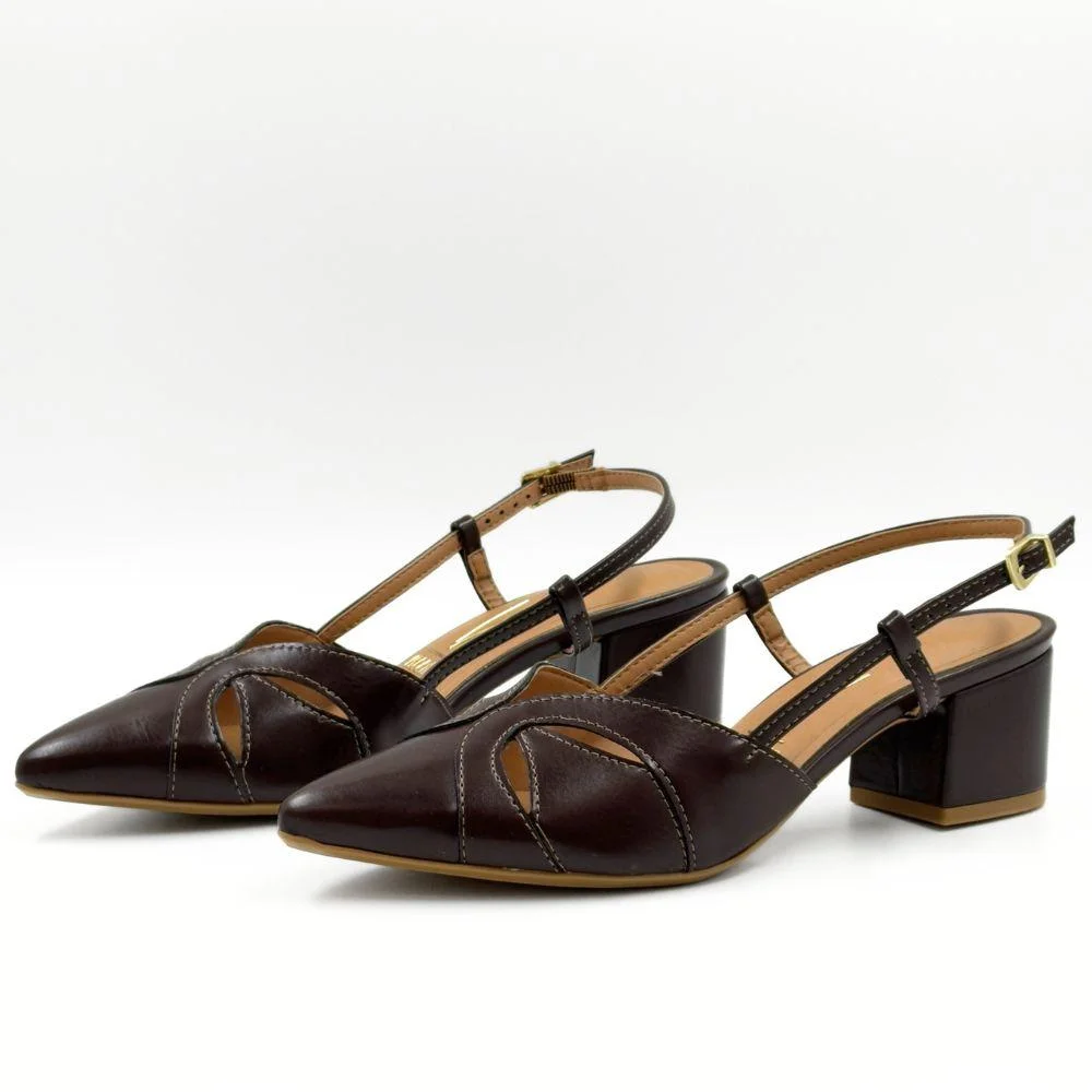 Sapato Vizzano Slingback Bico Fino Salto Bloco Feminino Marrom 2