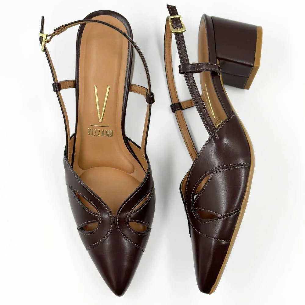 Sapato Vizzano Slingback Bico Fino Salto Bloco Feminino Marrom 4