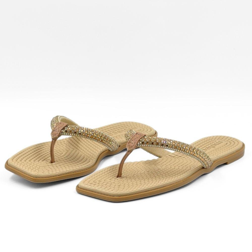 Tamanco Moleca Rasteiro Tira Fina com Aplicações Feminino Dourado/Nude 2