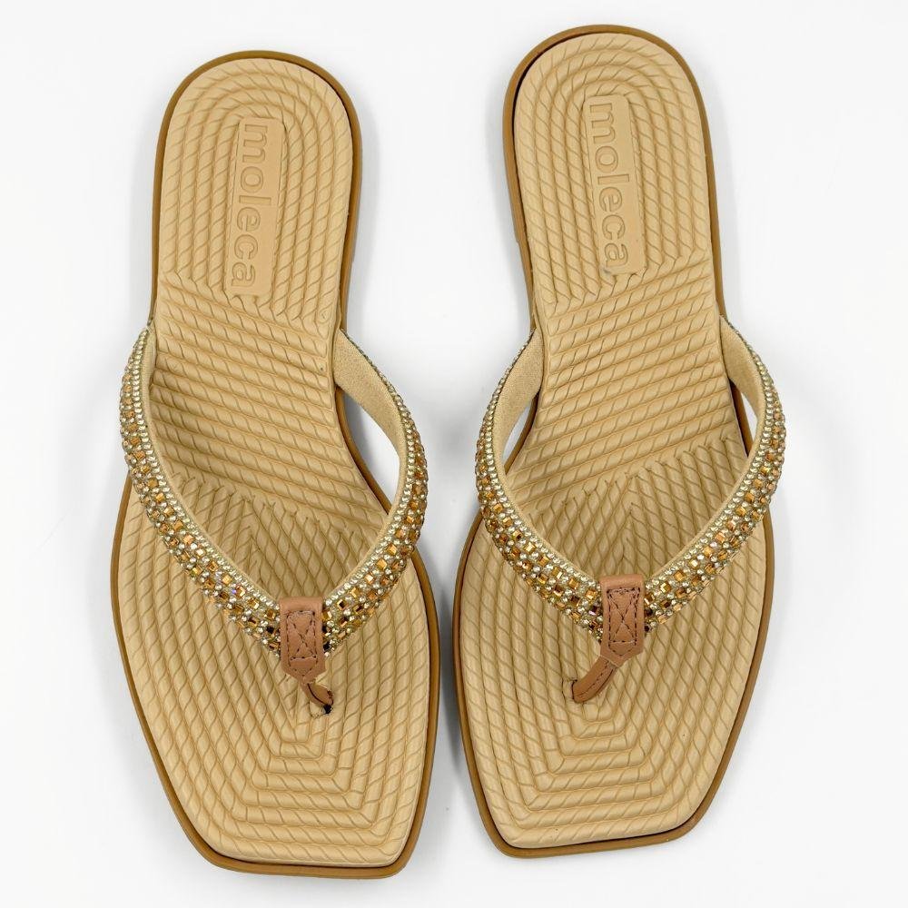 Tamanco Moleca Rasteiro Tira Fina com Aplicações Feminino Dourado/Nude 4