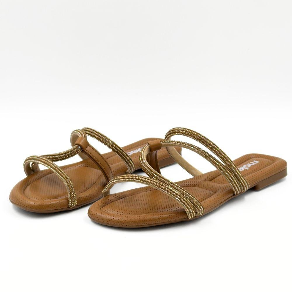 Tamanco Moleca Slide Rasteiro com Tiras Feminino Camel/Dourado 2