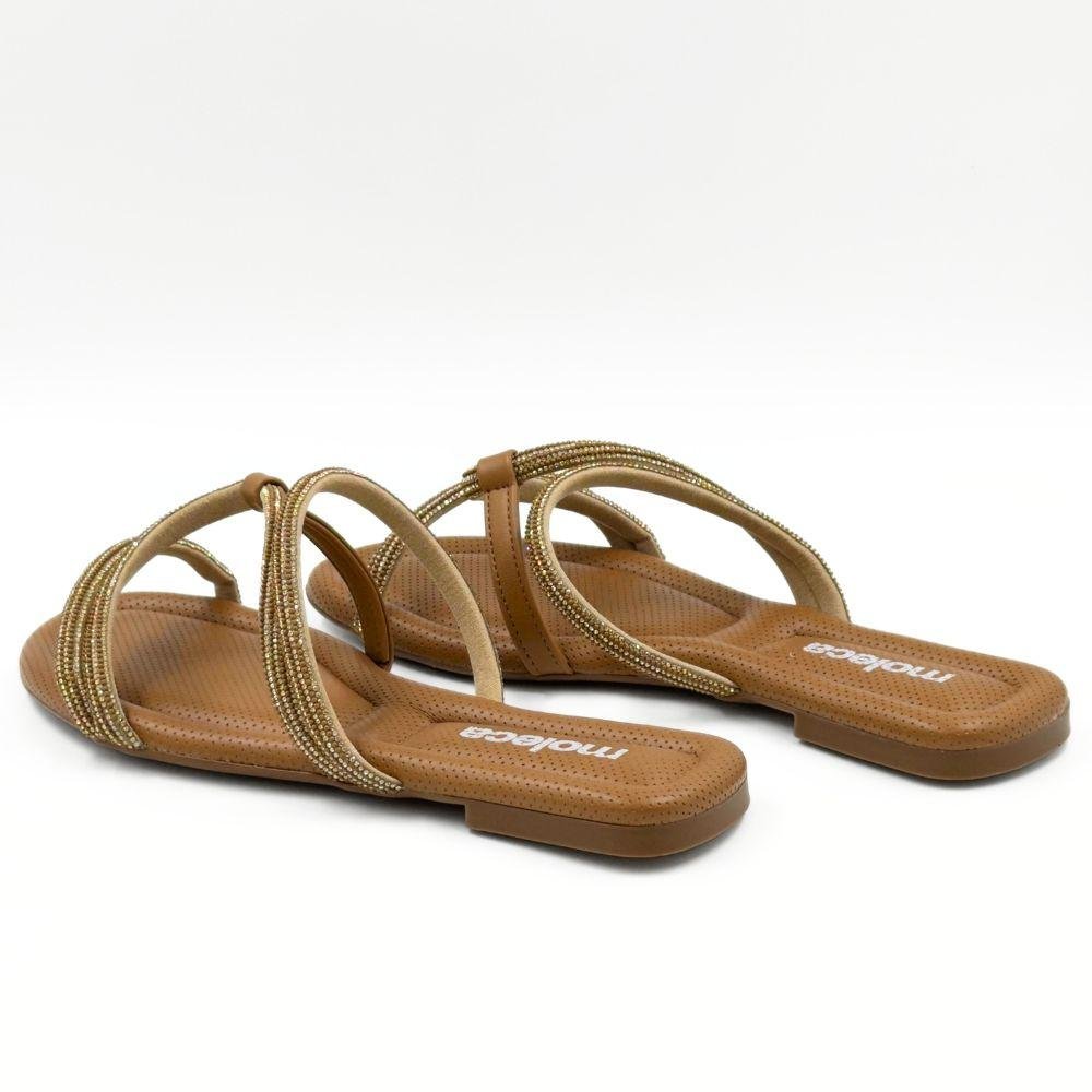 Tamanco Moleca Slide Rasteiro com Tiras Feminino Camel/Dourado 3