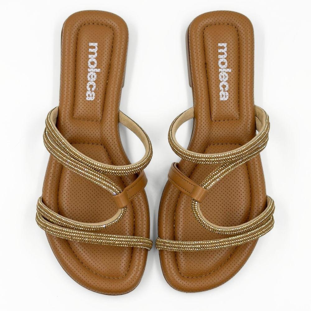 Tamanco Moleca Slide Rasteiro com Tiras Feminino Camel/Dourado 4