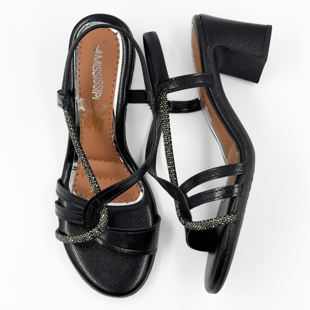Sandália Mississipi Casual com Strass Salto Bloco Feminina Preto 4