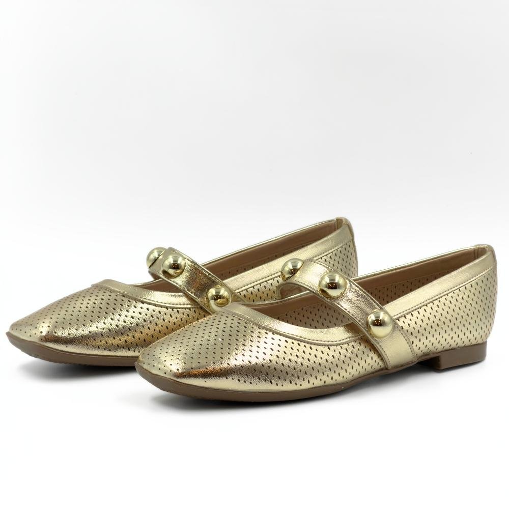Sapatilha Piccadilly Boneca com Aplicações Bico Quadrado Feminina Dourado 2
