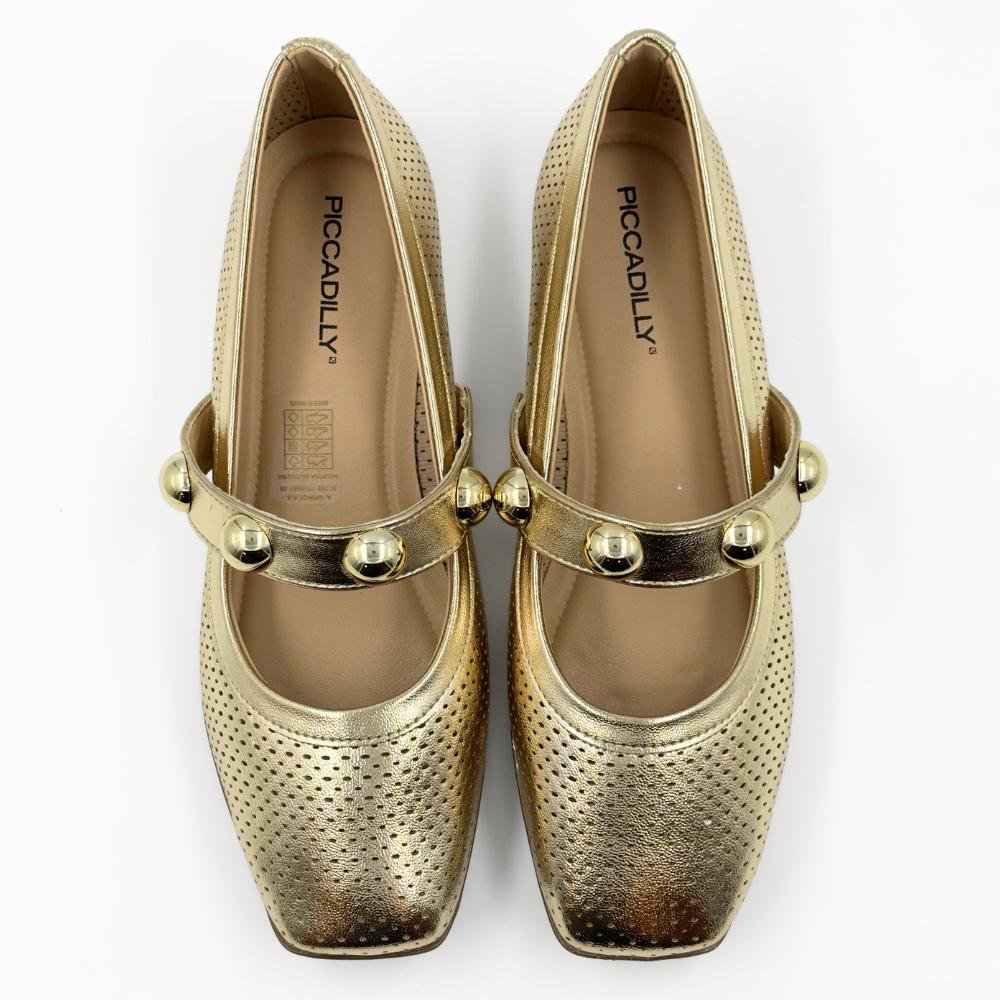 Sapatilha Piccadilly Boneca com Aplicações Bico Quadrado Feminina Dourado 4