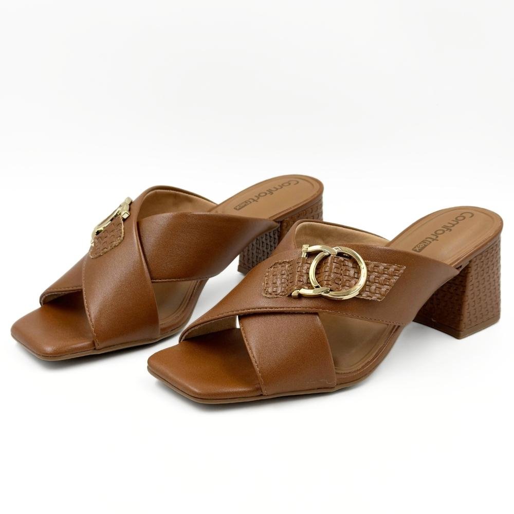 Tamanco Comfortflex Slide com Fivela Salto Bloco Feminino Marrom 2