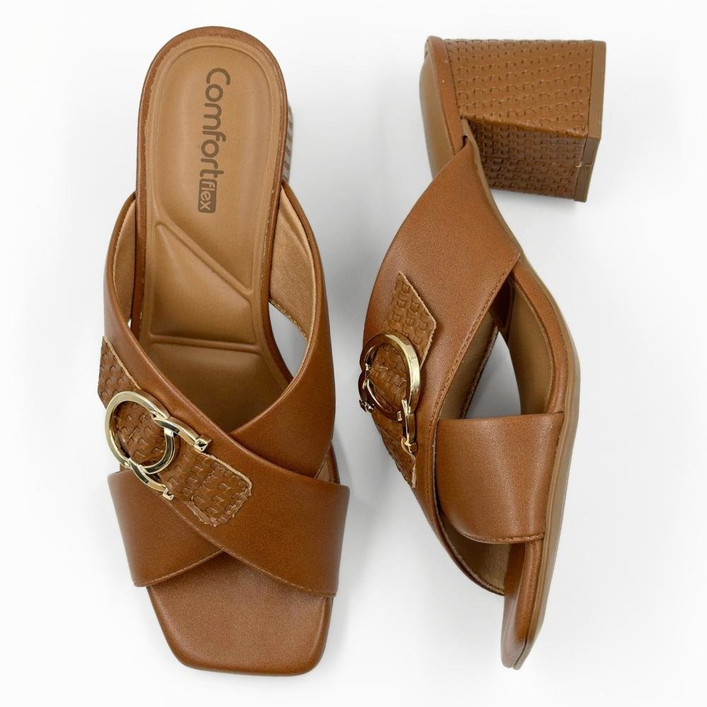 Tamanco Comfortflex Slide com Fivela Salto Bloco Feminino Marrom 4