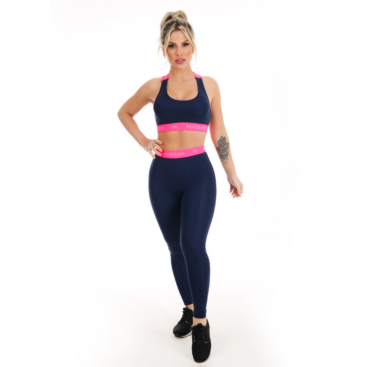 Conjunto Legging Com Top Neon Marinho Pink Massam Fitness Azul