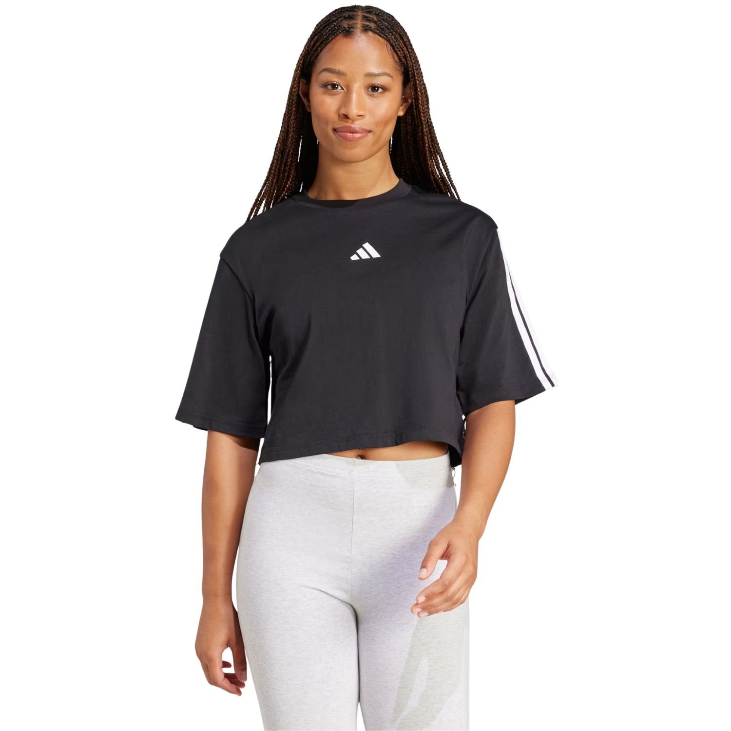 Camiseta Cropped Adidas Essentials 3 Stripes Feminino Preto 2