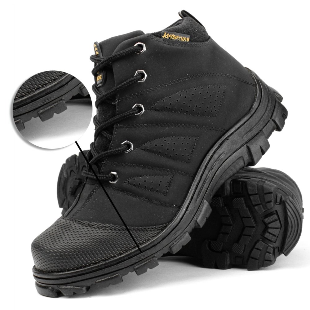Bota Adventure Masculina Tratorada Bico Redondo Fecho Cadarço Cano Curto Preto 3
