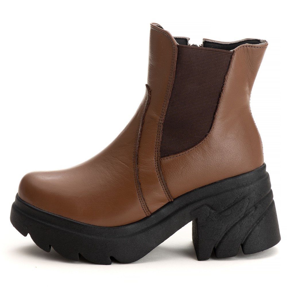 Bota Coturno Casual Couro Feminino Estilo Elástico Moda Resistente Confortável Sola Tratorada Marrom 3