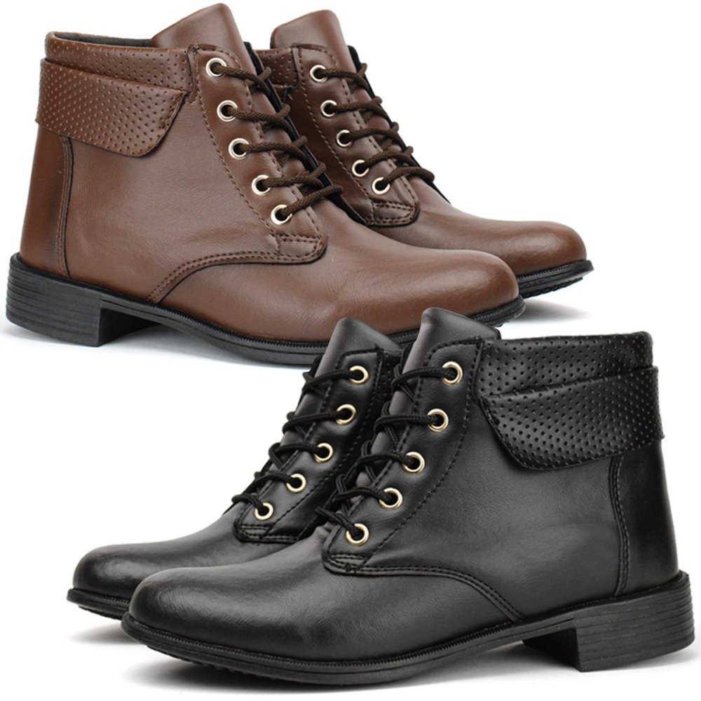 Kit 2 Bota Casual Feminino Cadarço Cano Curto Moda Street Confortável Salto Baixo Preto/Marrom 1