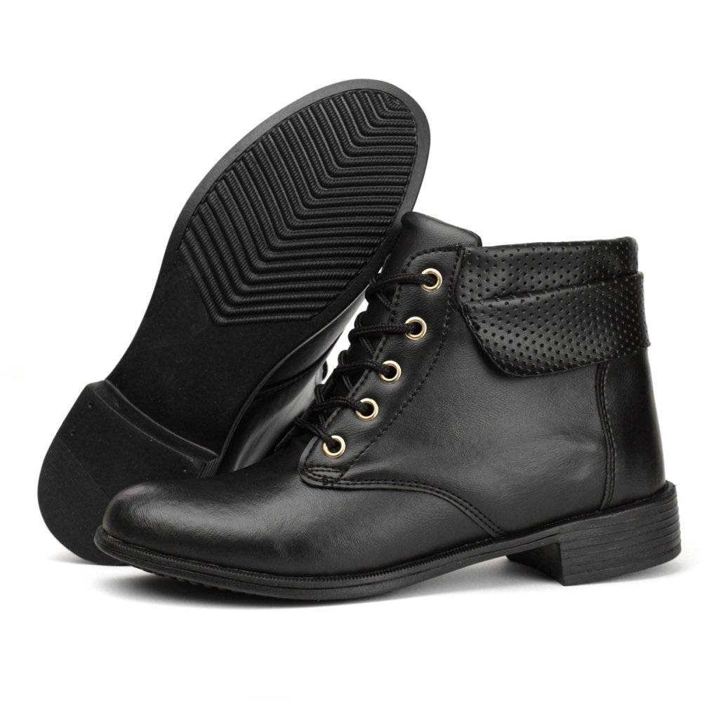 Kit 2 Bota Casual Feminino Cadarço Cano Curto Moda Street Confortável Salto Baixo Preto/Marrom 3