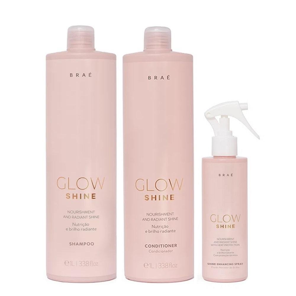 Kit Braé Glow Shine Shampoo 1 Litro + Condicionador 1 Litro + Ativador de Brilho 200ml ÚNICO 1
